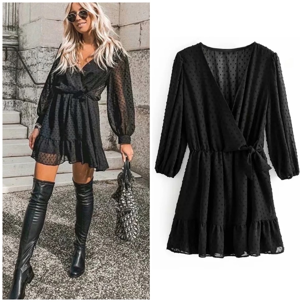 Black SwissDot Side Tie Ruffle Mini Jumpsuit Dress - Picture 2 of 13